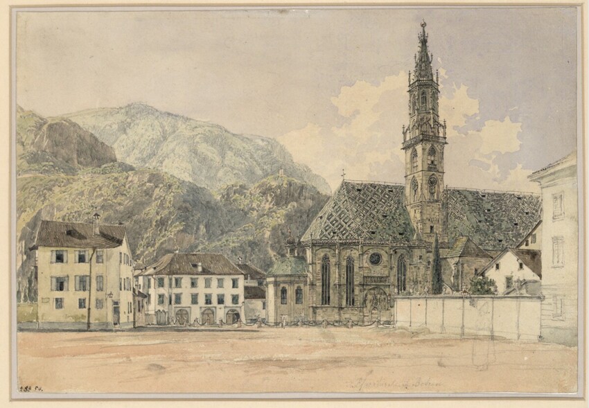 Rudolf von Alt (Wien 1812 - 1905 Wien) | Ansicht des Waltherplatzes in Bozen | Displayed motifs: Tower, House, Building, Window, 