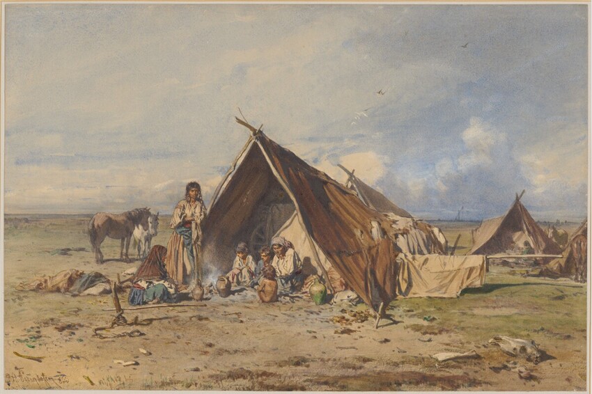August Xaver Karl von Pettenkofen (Wien 1822 - 1889 Wien) | "Zigeunerlager" | Displayed motifs: Tent, Person, Cattle, Animal, Clothing, 
