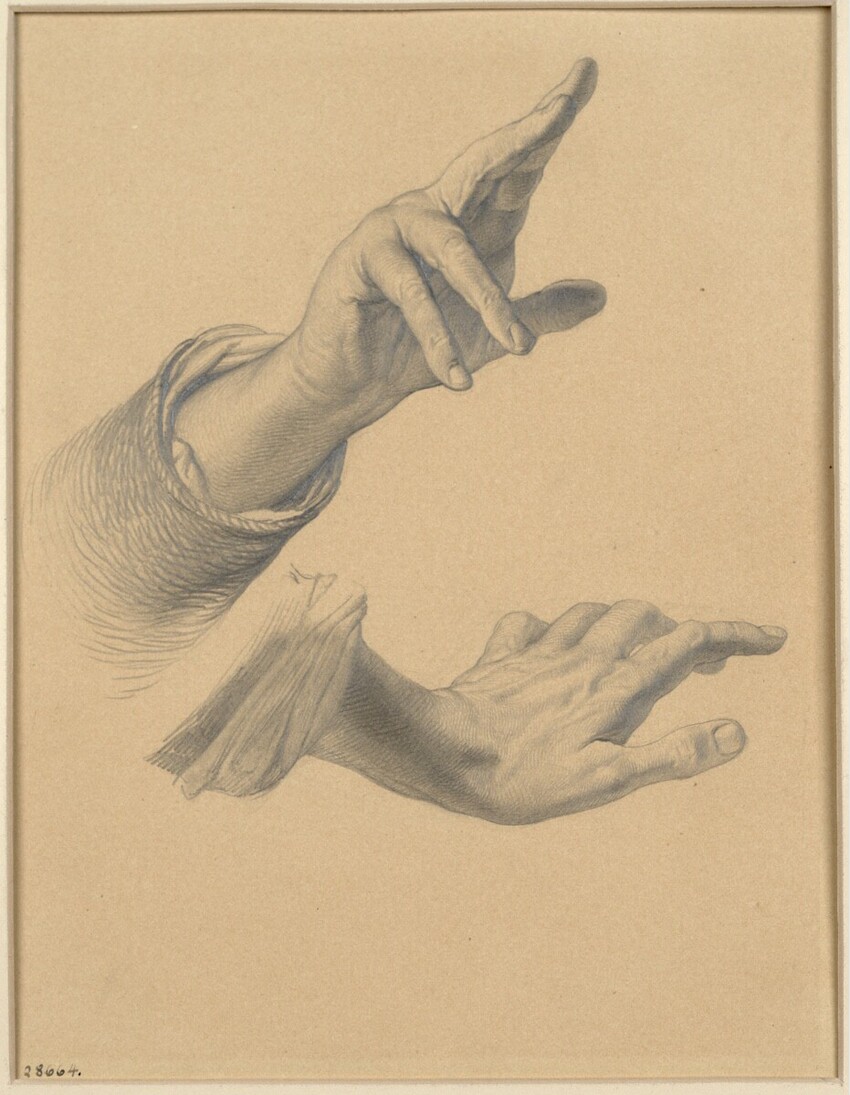 Johann Peter Nepomuk Geiger (Wien 1805 - 1880 Wien) | Zwei Handstudien | Displayed motifs: Person, White dove, Angel, Man, Human hand, 