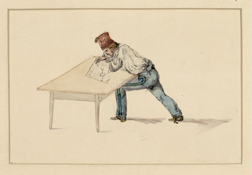 Bartolomeo Pinelli (Rom 1781 - 1835 Rom) | Karikatur eines Zeichners in Uniformhose und Hauskappe | Displayed motifs: Table, Person, Man, Footwear, Clothing, Furniture, 