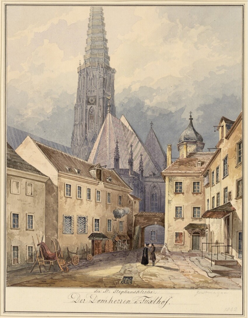 Joseph Gerstmaier (Österreich, 1801 - 1870) | Stephansdom. Domherren und Füxlhof | Displayed motifs: Tower, House, Building, Chair, Window, 