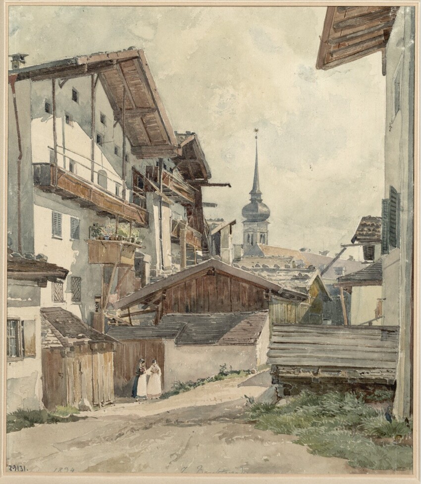 Joseph Höger (Wien 1801 - 1877 Wien) | In Berchtesgaden | Displayed motifs: Tower, Building, House, Window, 