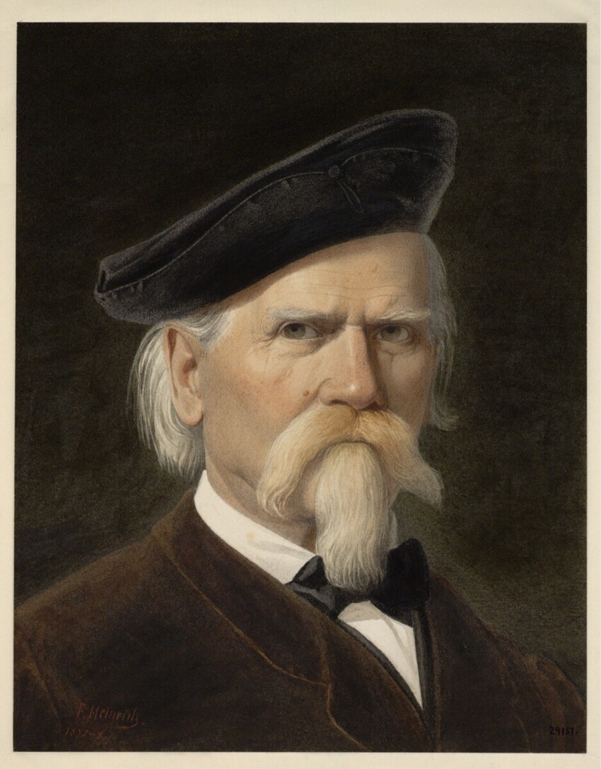 Franz Heinrich (Náchod 1802 (1803 GND) -1890 Brunn am Gebirge) | Selbstbildnis | Displayed motifs: Human face, Man, Clothing, Human beard, Halo, Hat, 