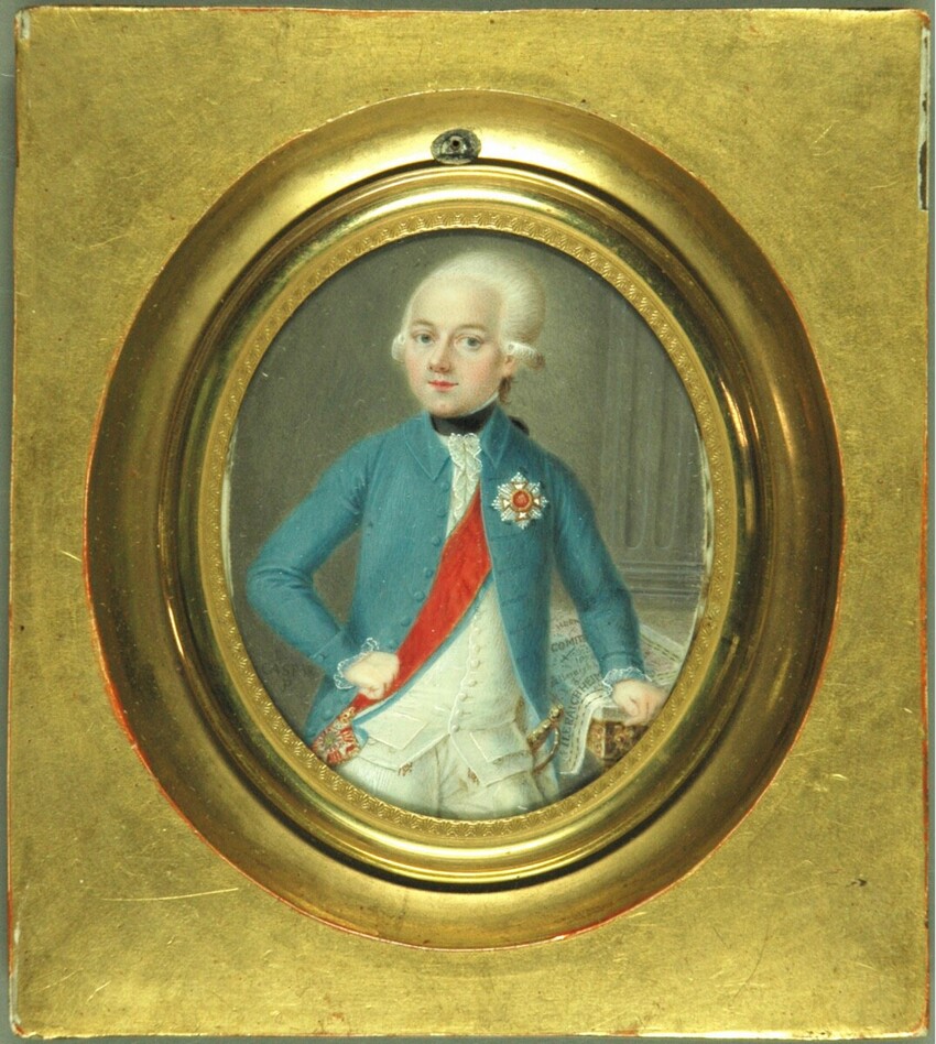 Carl Caspar (Wurzbach/Schwaben 1747 - 1809 Wien) | Chevalier Joseph Solignac-Peschiera in blauer Uniform mit roter Schärpe und Orden, neben einem Tisch stehend | Displayed motifs: Clothing, Human face, Person, Mirror, 