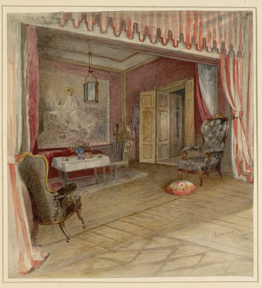 Hans Canon (Wien 1829 - 1885 Wien) | Interieur | Displayed motifs: Chair, Table, House, Halo, Curtain, Clothing, Building, 