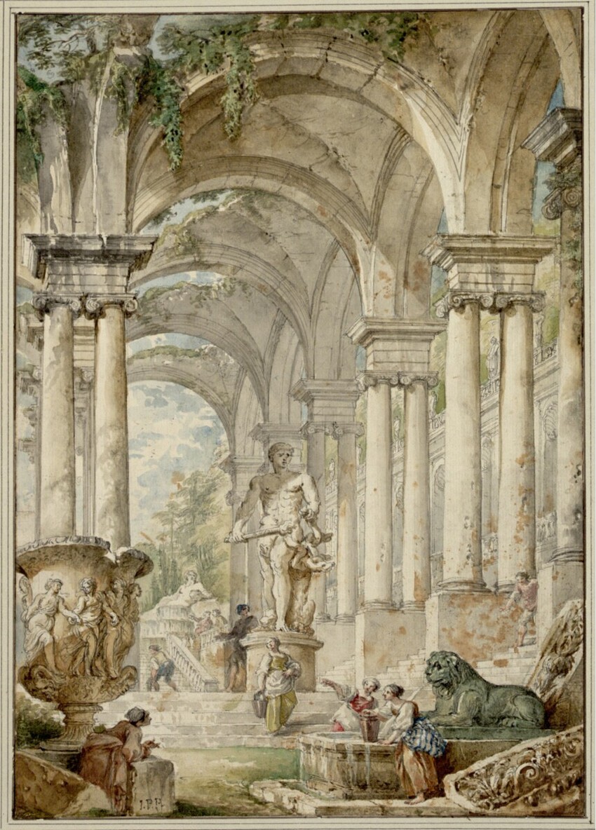 Giovanni Paolo Pannini (Piacenza 1691 - 1765 Rom) | Antike Ruinenhalle mit Herkulesstatue | Displayed motifs: Building, Lion, Angel, Latin cross, Person, Plant, 