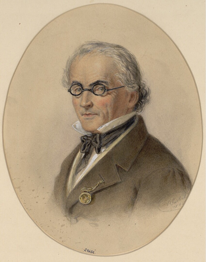 Carl Goebel (Wien 1824 - 1899 Wien) | Bildnis eines älteren Mannes (Johann Strauss Vater ?) | Displayed motifs: Human face, Man, Clothing, Glasses, Halo, 