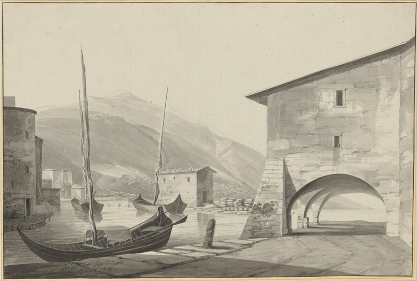 Carl Conjola (Mannheim 1773 - 1831 München) | Torbole am Gardasee | Displayed motifs: Gondola, Boat, House, Building, Window, 