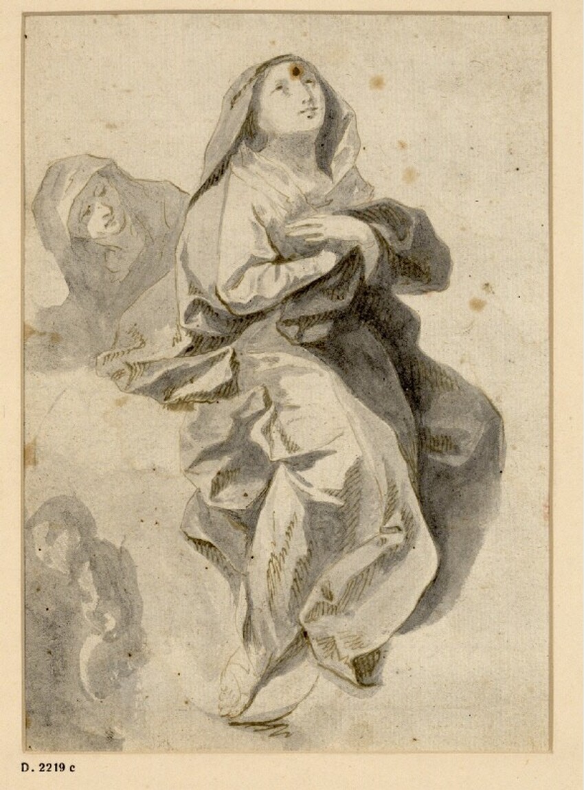 Josef Winterhalder d. J. (Vöhrenbach/Schwarzwald 1743 - 1807 Znaim) | Zwei heilige Frauen, die vordere mit auf der Brust überkreuzten Händen (nach dem Apsisfresko in der Pfarrkirche von Sümeg/Schimeck) | Displayed motifs: Veil, Human face, Woman, Clothing, Person, 