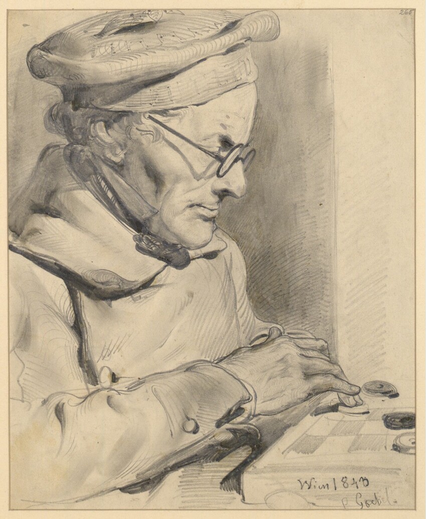 Carl Goebel (Wien 1824 - 1899 Wien) | Klieber beim Damespiel | Displayed motifs: Human face, Man, Clothing, Glasses, Person, Human head, 