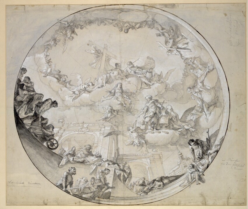 Matthäus Günther (Unterpreißenberg (Oberbayern) 1705 - 1788 Haid/Wessobrunn) | Aufnahme der Heiligen Elisabeth in den Himmel (Entwurf für ein Deckenbild in der Elisabethkirche zu München) | Displayed motifs: Latin cross, Angel, Veil, Person, 