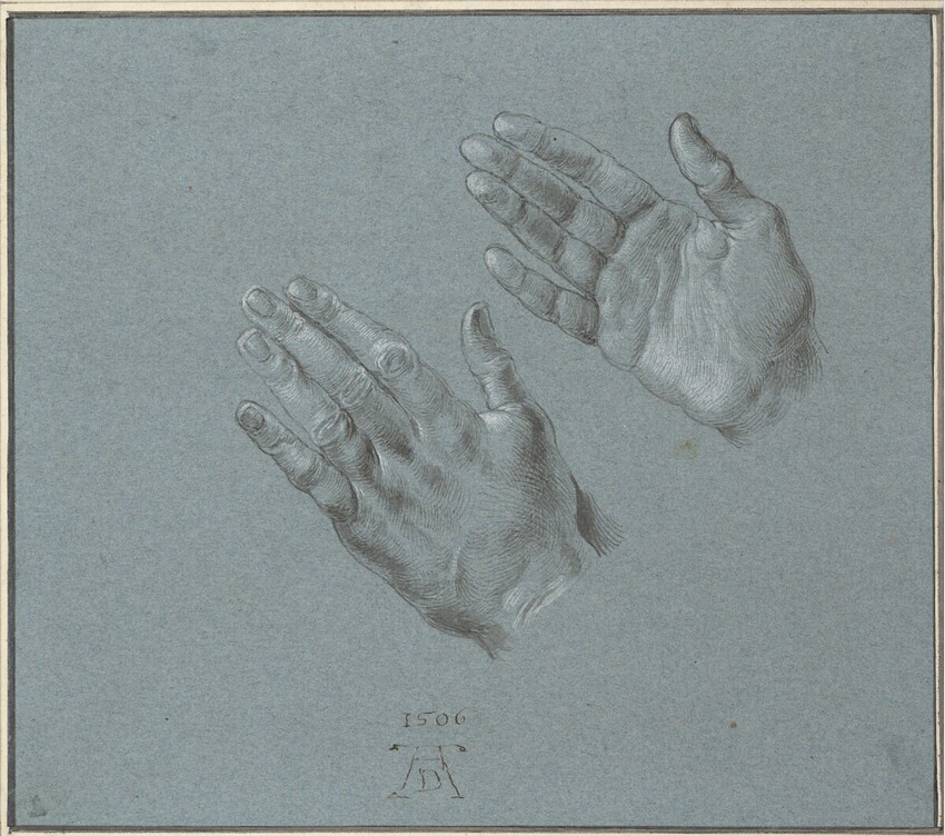 Albrecht Dürer (Nürnberg 1471 - 1528 Nürnberg) | Die Hände Kaiser Maximilians I. (Detail aus dem "Rosenkranzfest") | Displayed motifs: Putto, Human foot, Person, Human hand, Glove, 