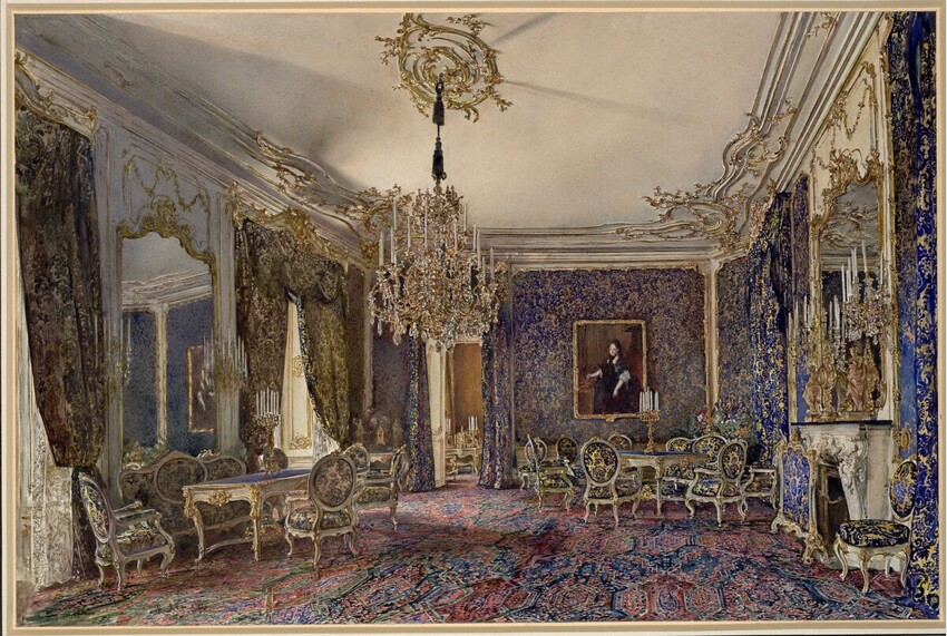 Rudolf von Alt (Wien 1812 - 1905 Wien) | Der Blaue Salon in der Wiener Hofburg | Displayed motifs: Building, Chair, Table, Clothing, Person, Latin cross, Furniture, 