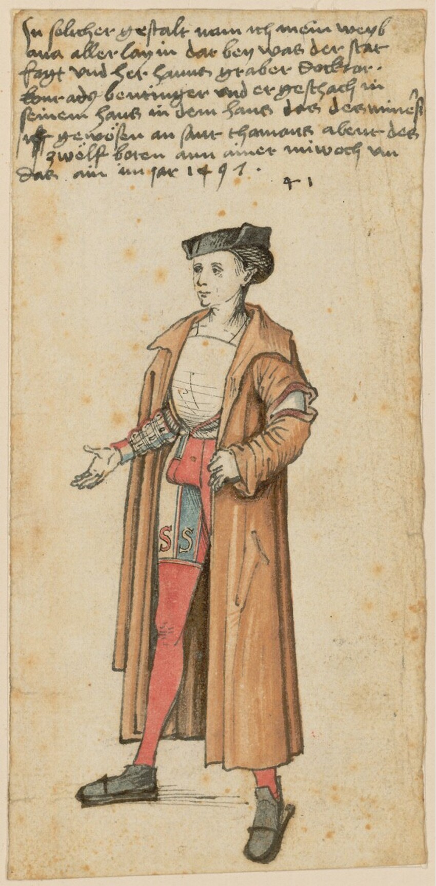 Hans Burgkmair d. Ä. (Augsburg 1473 - 1531 Augsburg) | Selbstbildnis Hans Burgkmairs als Bräutigam | Displayed motifs: Clothing, Footwear, Person, Human face, Woman, 