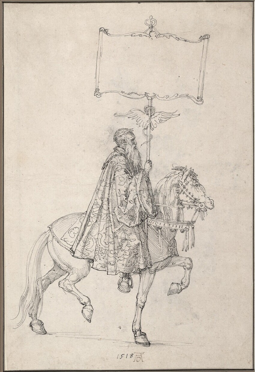 Albrecht Dürer (Nürnberg 1471 - 1528 Nürnberg) | Greiser Standartenträger (Johannes Stabius zu Pferd) | Displayed motifs: White dove, Horse, Person, Animal, Clothing, 