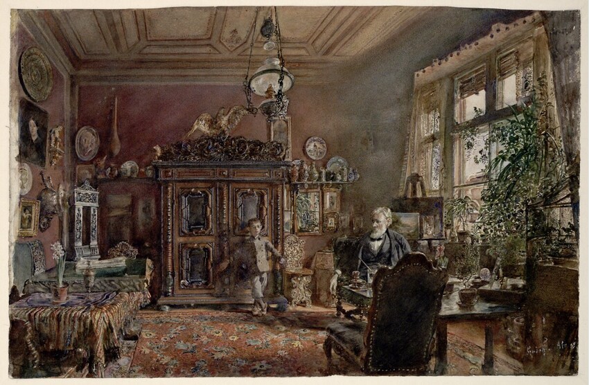 Rudolf von Alt (Wien 1812 - 1905 Wien) | Der Künstler in seinem Arbeitszimmer | Displayed motifs: Building, Coat of arms, Clothing, Person, Table, Human face, Furniture, 