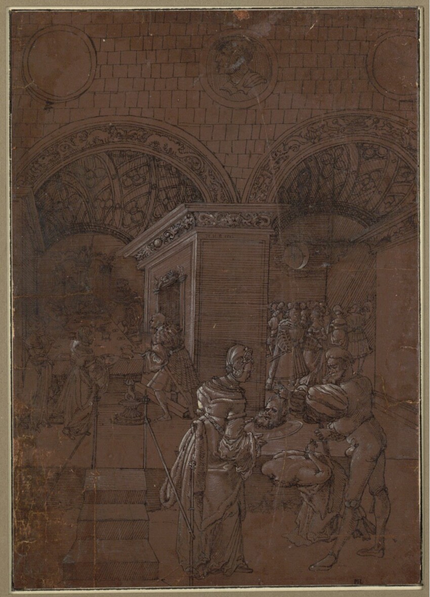 Monogrammist HHB (tätig um 1515) | Die Enthauptung Johannes des Täufers | Displayed motifs: Camel, Person, Clothing, Building, Coat of arms, 