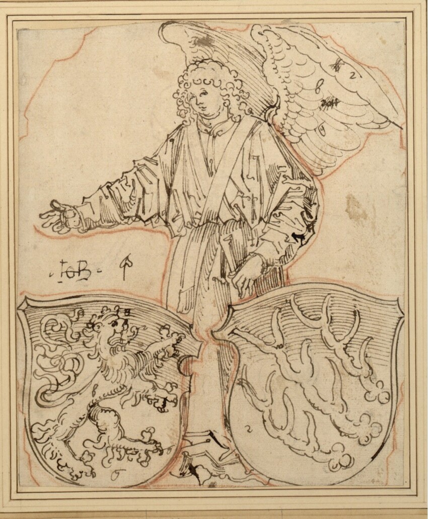 Straßburger Meister | Wappen Lützelburg und unbekanntes Wappen (Scheibenriss) | Displayed motifs: Coat of arms, Person, Clothing, Human face, Angel, 