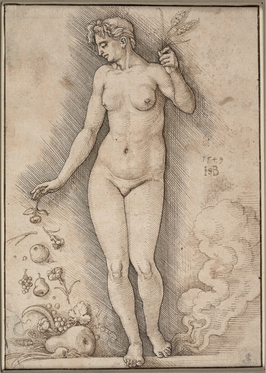 Sebald Beham (Nürnberg 1500 - 1550 Frankfurt am Main) | Ceres streut Blumen und Früchte | Displayed motifs: Putto, Human face, Person, Woman, Man, 