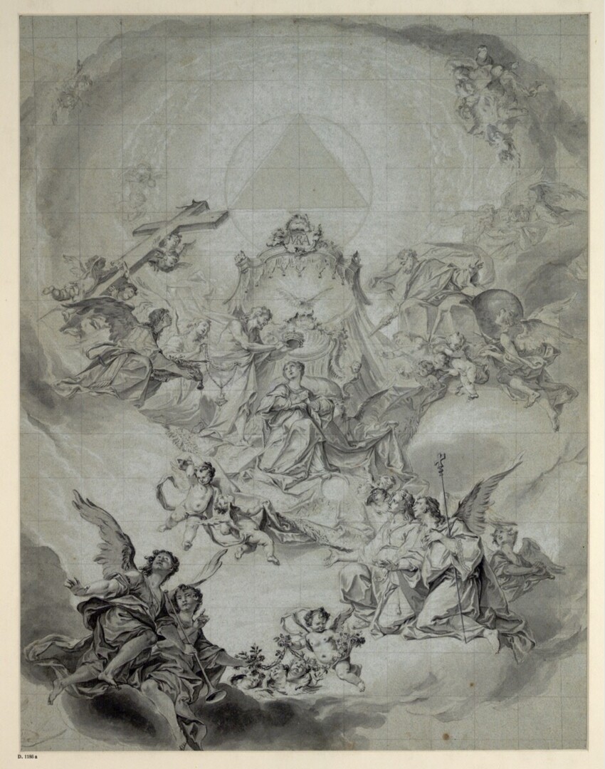 Johann Wolfgang Baumgartner (Kufstein 1709 - 1761 Augsburg) | Marienkrönung (Entwurf für ein Deckenbild) | Displayed motifs: Angel, White dove, Putto, Halo, Person, Coat of arms, Human face, 