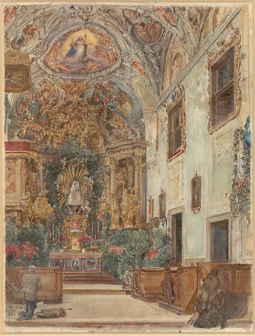 Rudolf von Alt (Wien 1812 - 1905 Wien) | Der Gnadenaltar der Hietzinger Pfarrkirche im Maiandachtschmuck | Displayed motifs: Building, Window, Halo, Person, Human face, Furniture, Angel, 