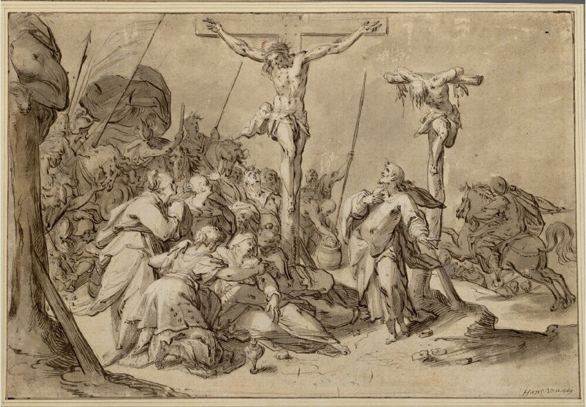 Anonym | Die Kreuzigung Christi | Displayed motifs: Crucifixion, White dove, Person, Angel, Wound, Human face, 