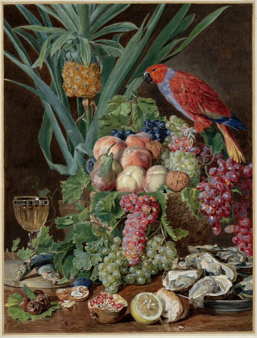 Ferdinand Georg Waldmüller (Wien 1793 - 1865 Hinterbrühl bei Mödling) | Früchtestillleben mit Papagei | Displayed motifs: Parrot, Pineapple, Lemon, Coat of arms, Animal, White dove, 