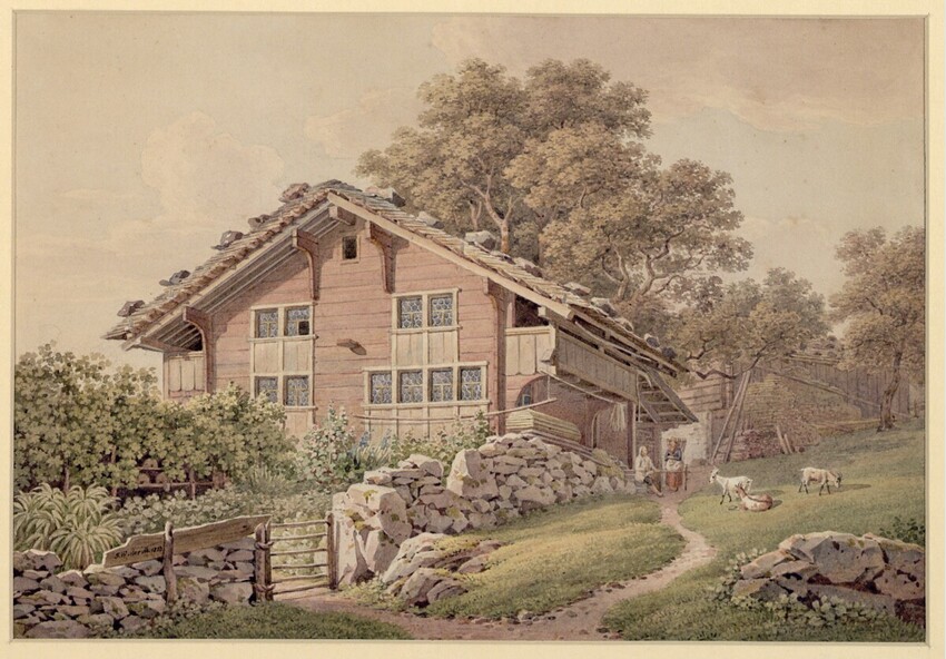 Friedrich Wilhelm Moritz (Schweiz, 1783 - 1855) | Berner Bauernhaus mit Ziegen | Displayed motifs: House, Tree, Sheep, Plant, 