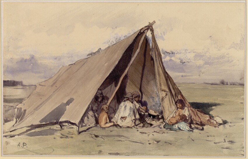 August Xaver Karl von Pettenkofen (Wien 1822 - 1889 Wien) | Zigeunerzelt | Displayed motifs: Tent, Clothing, Person, 