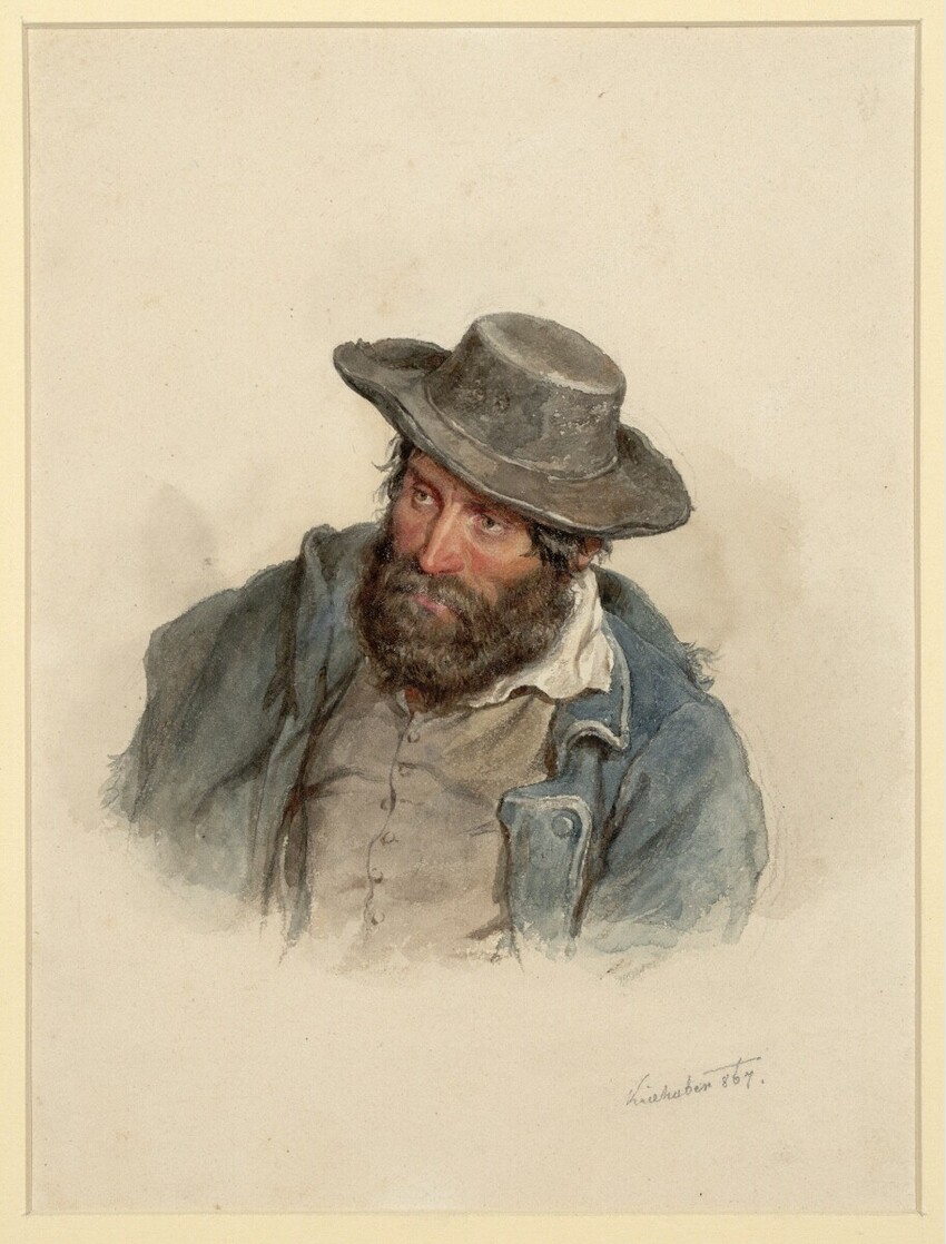 Josef Kriehuber (Wien 1800 - 1876 Wien) | Bauer mit Hut | Displayed motifs: Man, Human face, Clothing, Miter, Hat, Human beard, Sun hat, 