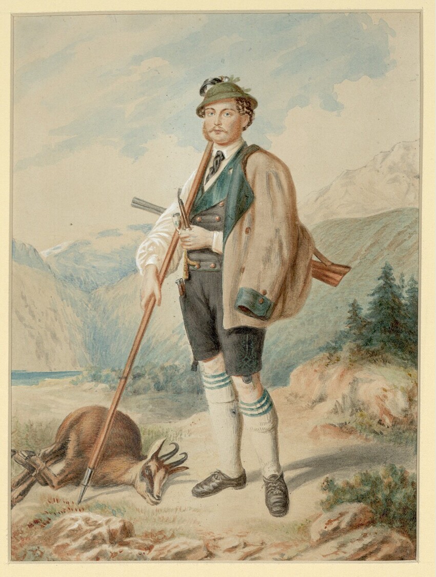 Josef Kriehuber (Wien 1800 - 1876 Wien) | Jäger mit erlegter Gemse | Displayed motifs: Footwear, Clothing, Kangaroo, Man, Deer, Tree, Person, 