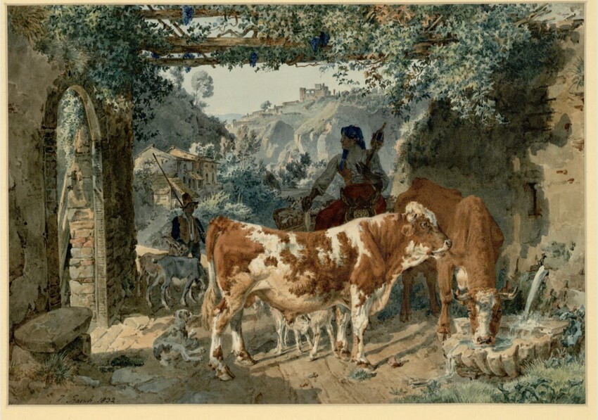 Johann Nepomuk Rauch (Wien 1804 - 1847 Rom) | Italienische Landschaft mit Kühen an einem Brunnen | Displayed motifs: Cattle, Person, Tree, Plant, Clothing, 
