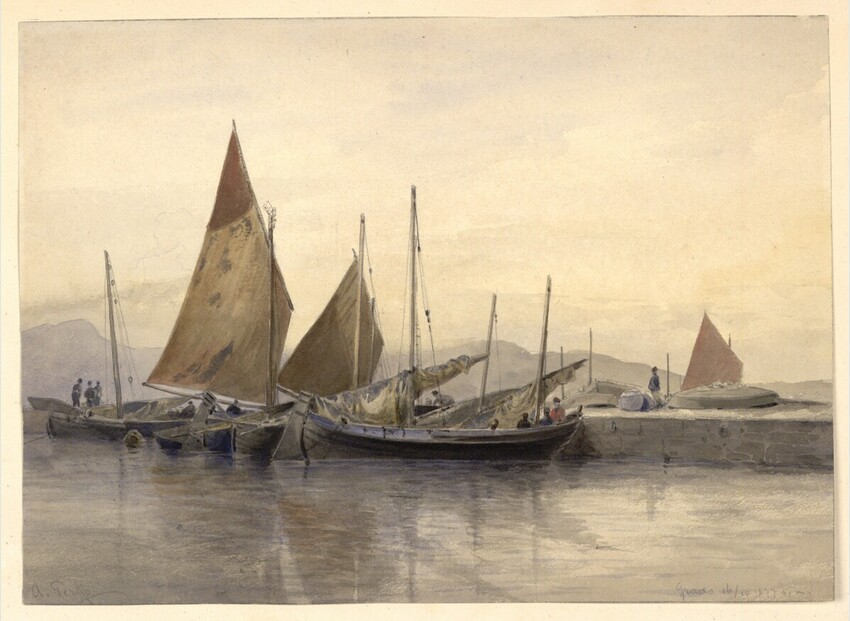 Anton Perko (Purgstall 1833 - 1905 Ragusa) | Segelschiffe vor Grado | Displayed motifs: Boat, 