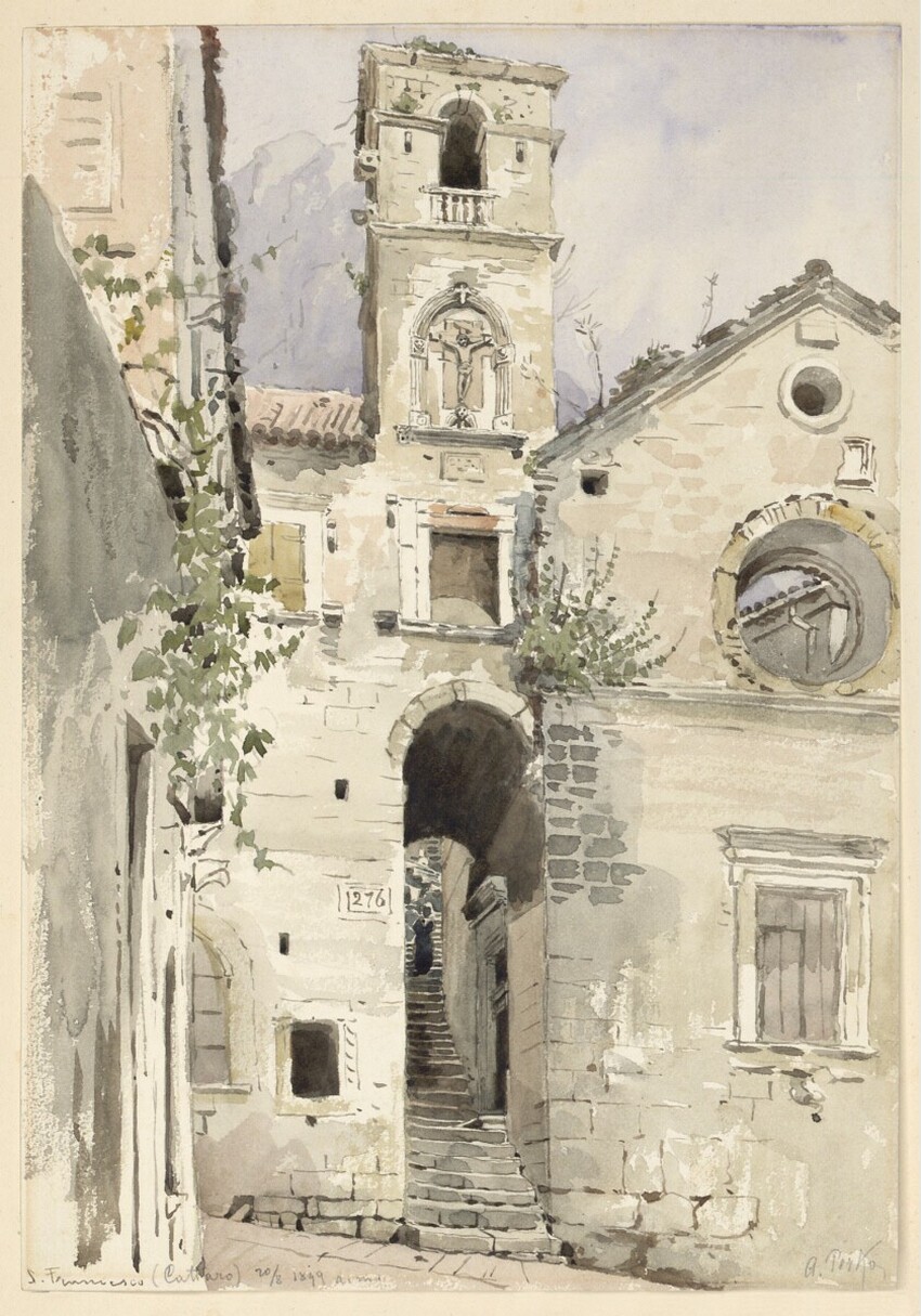 Anton Perko (Purgstall 1833 - 1905 Ragusa) | S. Francesco (Cattaro) | Displayed motifs: Window, Coat of arms, Building, Tower, House, Plant, 