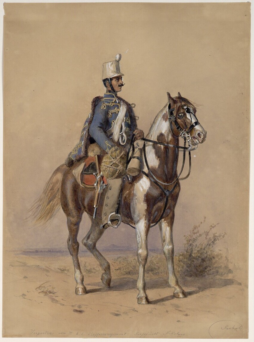 Carl Goebel (Wien 1824 - 1899 Wien) | Vorposten vom II. k. k. Hussarenregiment Großfürst Nikolaus | Displayed motifs: Horse, Person, Miter, Human face, 