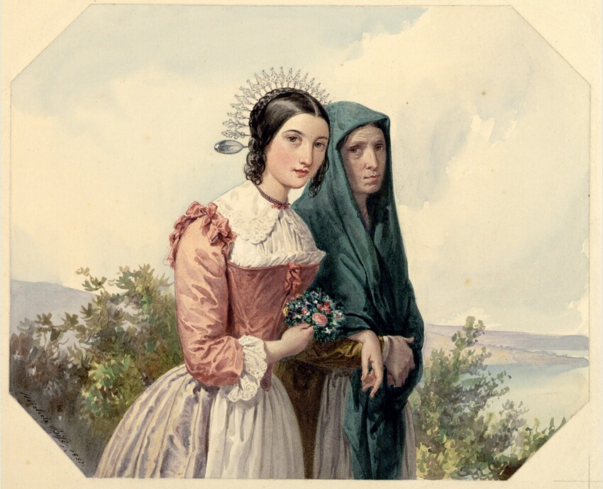 Michele Bisi (Italien, 1788 - 1874) | Junge Frau mit Diadem in Begleitung einer älteren mit grünem Umhängetuch (Kniestück) | Displayed motifs: Halo, Dress, Woman, Human face, Clothing, Fashion accessory, Veil, 