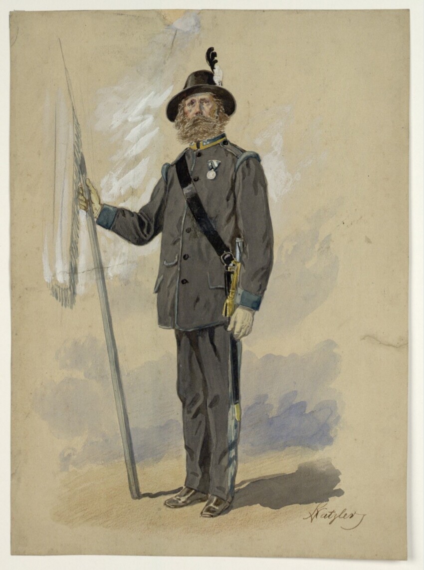 Vinzenz Katzler (Wien 1823 - 1882 Wien) | Veteran aus der Kompagnie der Gebirgsjäger (?), eine Fahne haltend | Displayed motifs: Clothing, Footwear, Person, Trousers, Human face, Halo, Man, 