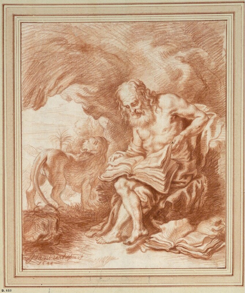 Joachim von Sandrart d. Ä. (Frankfurt am Main 1606 - 1688 Nürnberg) | Heiliger Hieronymus in der Einöde | Displayed motifs: Lion, Angel, Human face, Person, Human head, Mammal, 