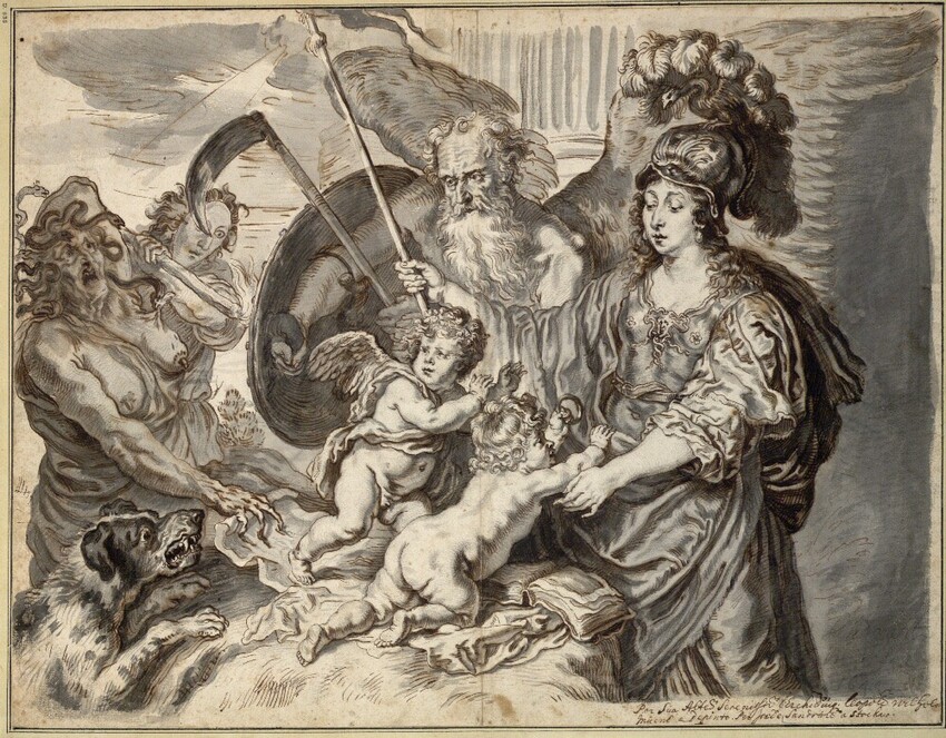 Joachim von Sandrart d. Ä. (Frankfurt am Main 1606 - 1688 Nürnberg) | Minerva und Saturn beschützen Kunst und Wissenschaft | Displayed motifs: Putto, Clothing, Human face, Person, Carnivore, Lion, Woman, 