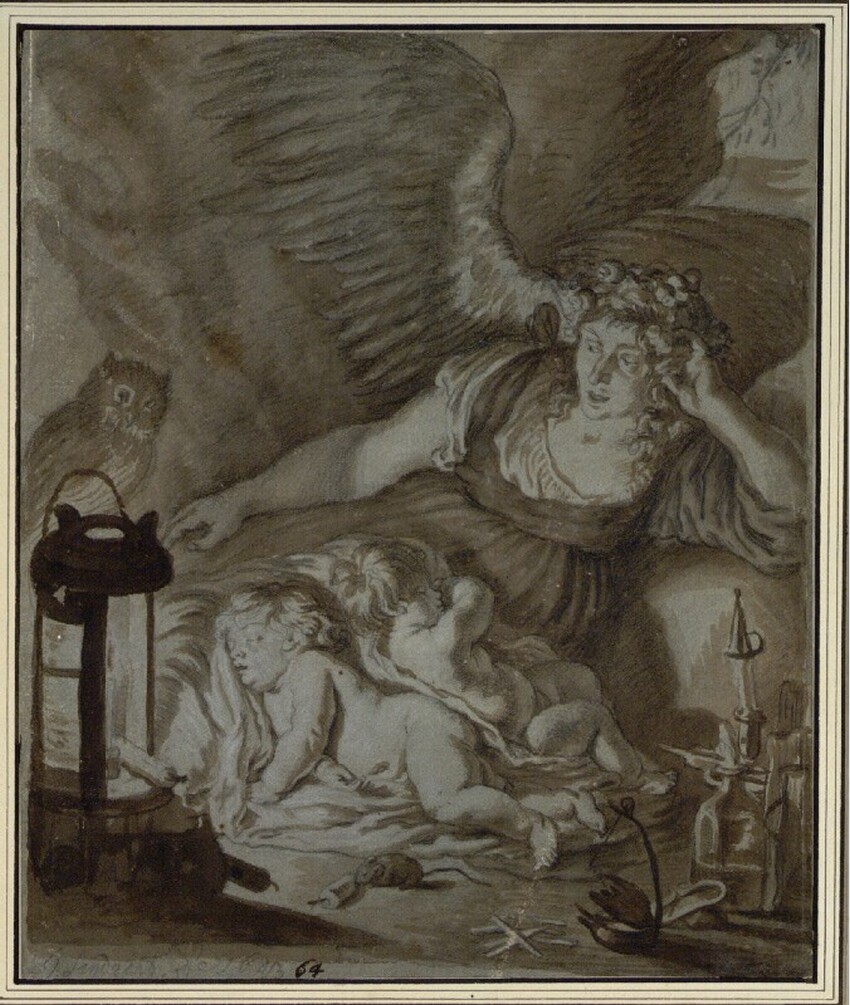 Joachim von Sandrart d. Ä. (Frankfurt am Main 1606 - 1688 Nürnberg) | Die Nacht (Nox) | Displayed motifs: Owl, Putto, Human face, Angel, Person, 