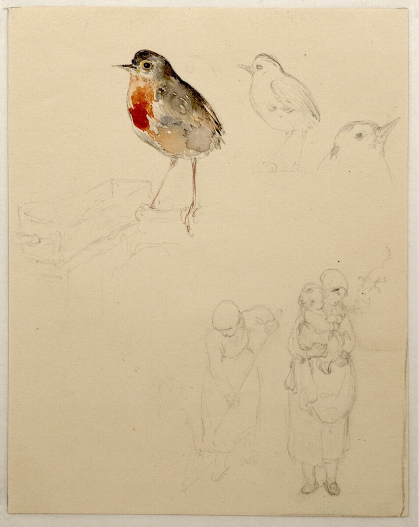 Peter Fendi (Wien 1796 - 1842 Wien) | Vogelstudien, arbeitende Frauen und Frau mit Kind (Blatt aus dem "Liechtensteinalbum", sog. Fendi-Album) | Displayed motifs: Bird, Putto, Clothing, Person, Angel, Woodpecker, Coat of arms, 