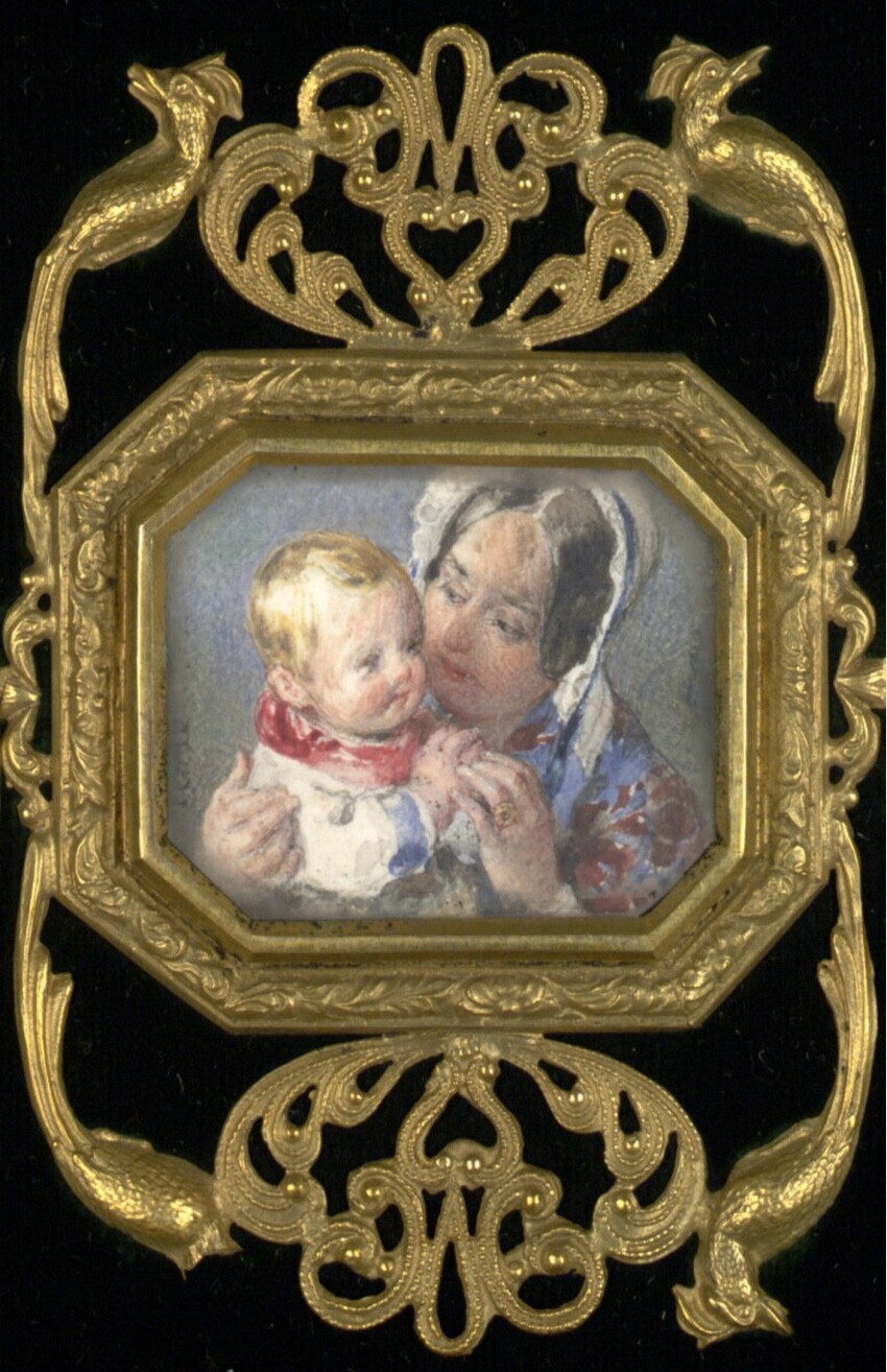 Peter Fendi (Wien 1796 - 1842 Wien) | Mutter und Kind (Miniatur auf dem Samtdeckel des "Liechtensteinalbums", sog. Fendi-Album) | Displayed motifs: Crown, Human face, Person, Coat of arms, 