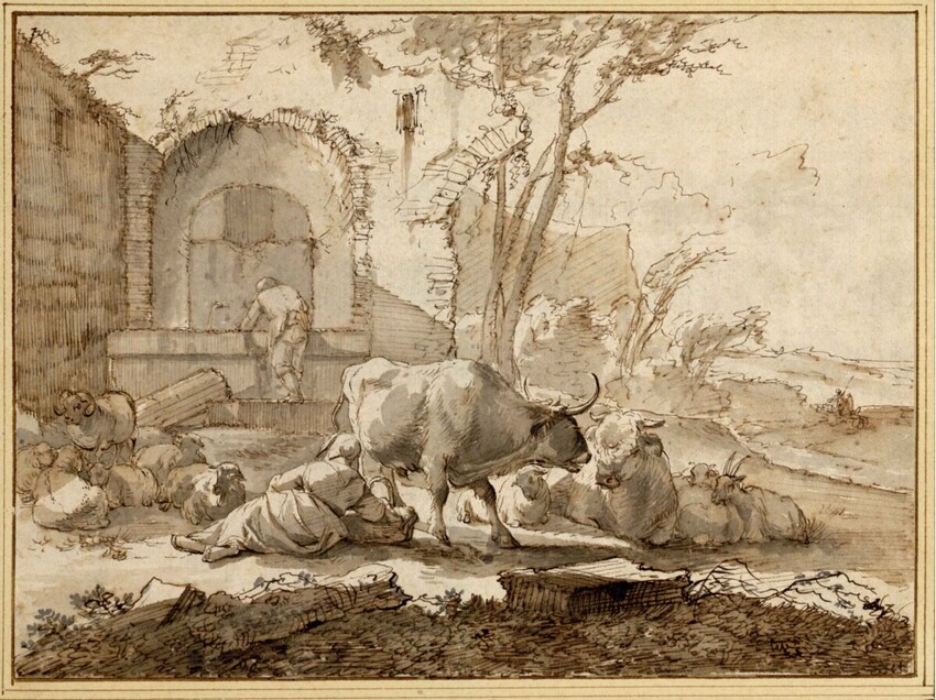 Johann Heinrich Roos (Otterberg (Kaiserslautern) 1631 - 1685 Frankfurt am Main) | Hirtenpaar mit Herde im Schatten der Brunnenanlage einer Ruine | Displayed motifs: Bull, Person, Animal, 