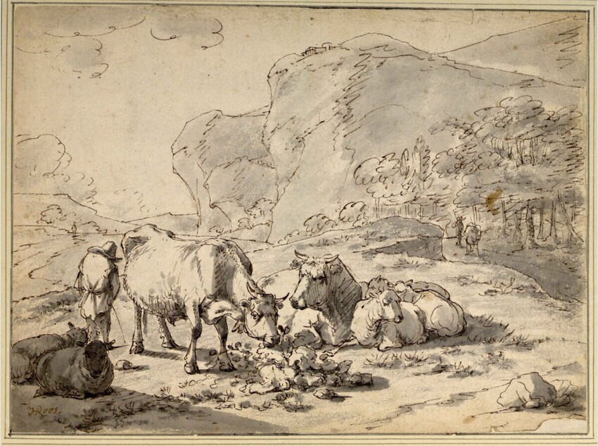 Johann Heinrich Roos (Otterberg (Kaiserslautern) 1631 - 1685 Frankfurt am Main) | Pissender Hirte neben seiner Rinder- und Schafherde | Displayed motifs: Bull, Person, Cattle, Animal, 