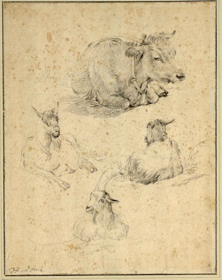 Johann Heinrich Roos (Otterberg (Kaiserslautern) 1631 - 1685 Frankfurt am Main) | Liegendes Rind und drei liegende Ziegen | Displayed motifs: Animal, Cat, Putto, Dog, 