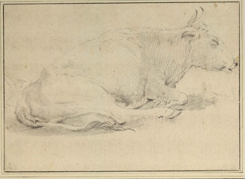 Johann Heinrich Roos (Otterberg (Kaiserslautern) 1631 - 1685 Frankfurt am Main) | Nach rechts liegende wiederkäuende Kuh | Displayed motifs: Animal, Lion, Horse, Carnivore, 