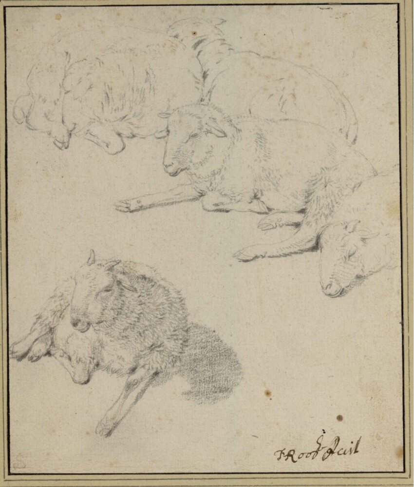 Johann Heinrich Roos (Otterberg (Kaiserslautern) 1631 - 1685 Frankfurt am Main) | Liegende Schafe und Böcklein | Displayed motifs: Animal, Carnivore, Sheep, Thorn crown, Dog, 