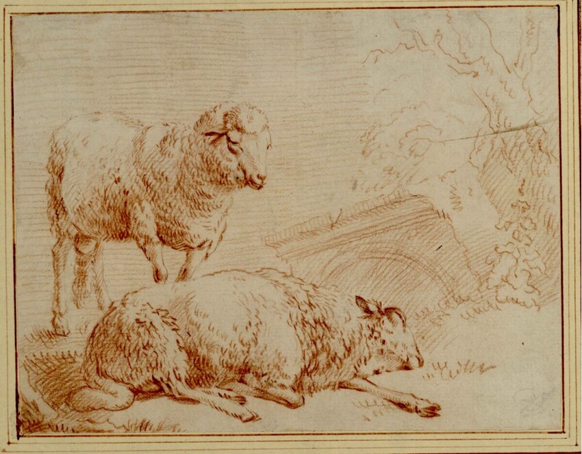 Johann Heinrich Roos (Otterberg (Kaiserslautern) 1631 - 1685 Frankfurt am Main) | Stehendes und liegendes Schaf | Displayed motifs: Animal, Cattle, Sheep, 