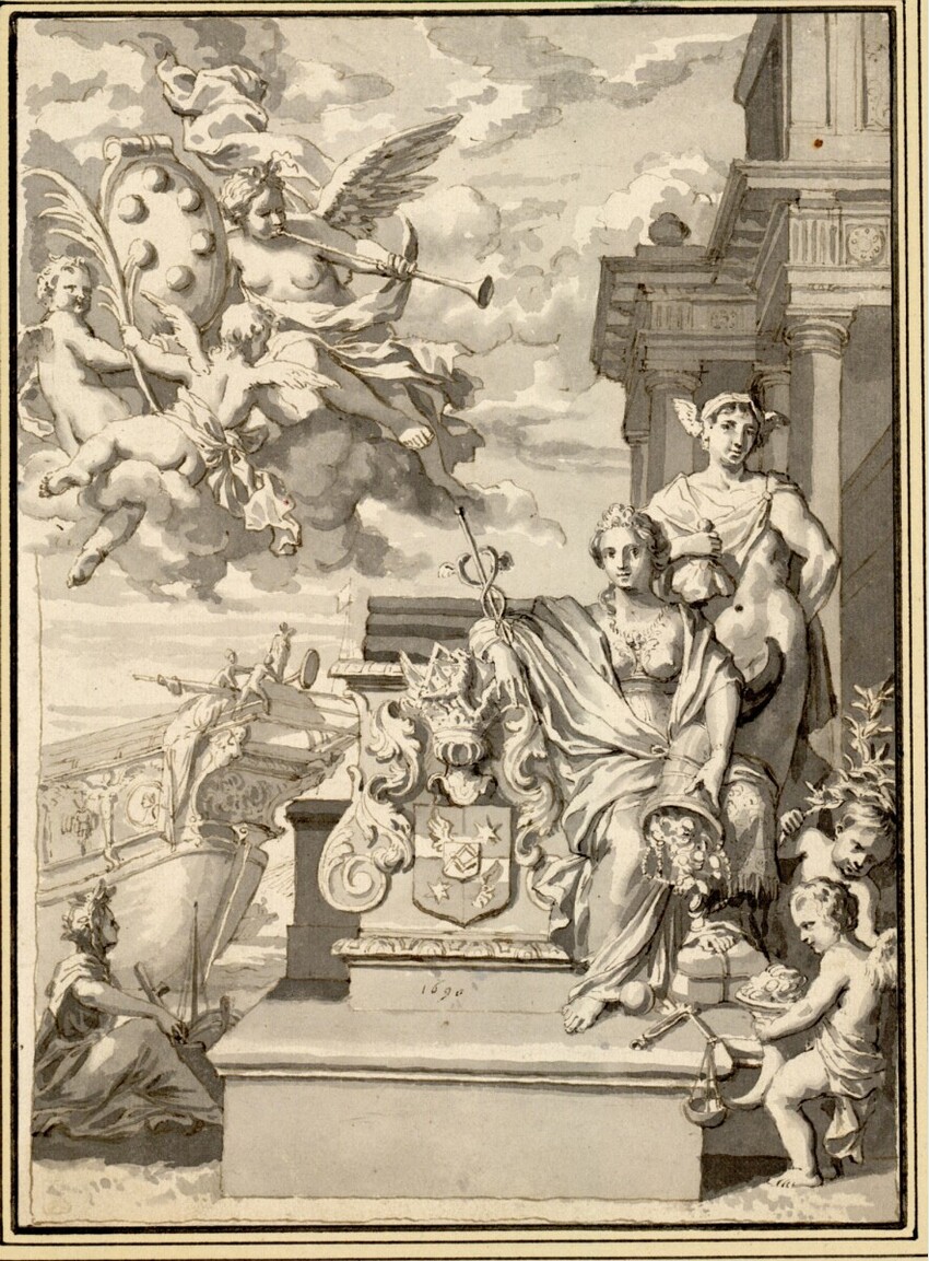 Gerard de Lairesse (Lüttich 1641 - 1711 Amsterdam) | Allegorie auf Handel und Wohlstand mit den Wappen der Medici und des Leipziger Handelshauses Winkler | Displayed motifs: Coat of arms, Angel, Person, Putto, Human face, Clothing, Woman, 