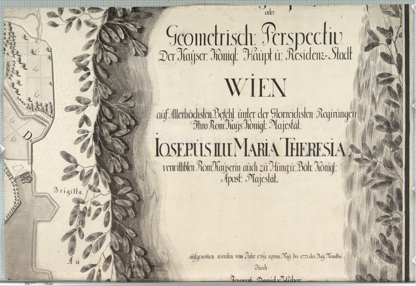 Joseph Daniel von Huber (Österreich, 1730 - 1788) | Vogelschauansicht von Wien | Displayed motifs: Book, Coat of arms, Tree, Plant, 